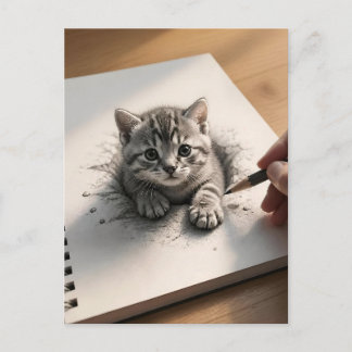 Cartão Postal Desenho a Lápis de Gatinho Tabby Ilusão 3D