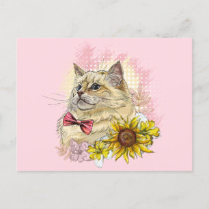 Cartão Postal Desenho à mão de gato Red Ragdoll engraçado com fl