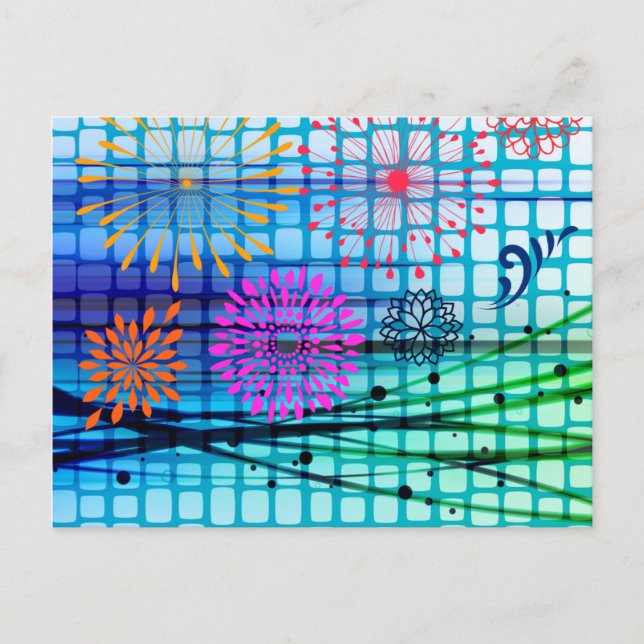 Cartão Postal Desenho Abstrato de Flores Funky com Raios de Luz (Frente)
