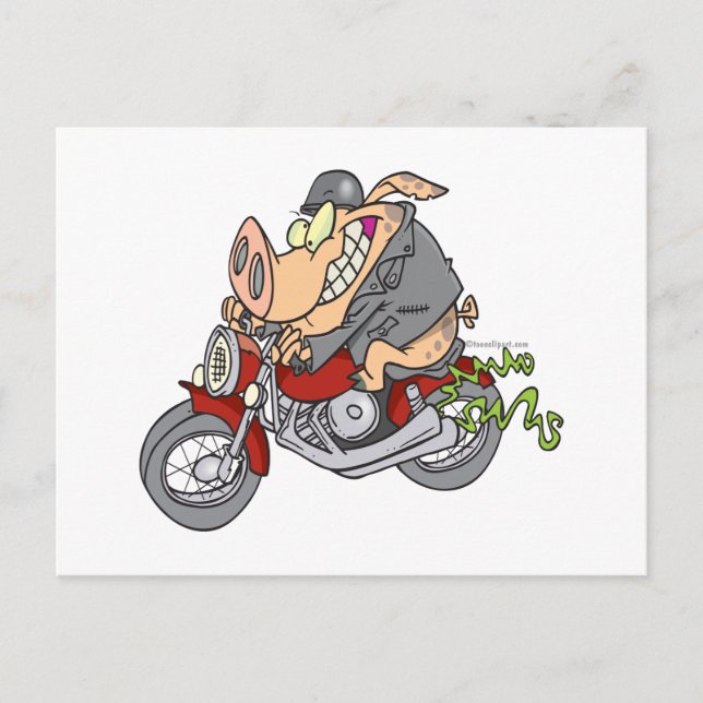 Cartão Postal desenho animado de motocicleta de porco (Frente)