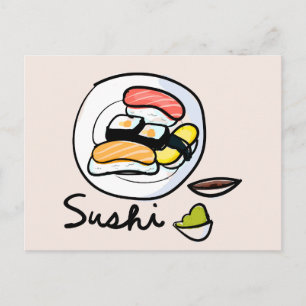 Cartão Postal Desenho animado de sushi fofo comida japonesa de s