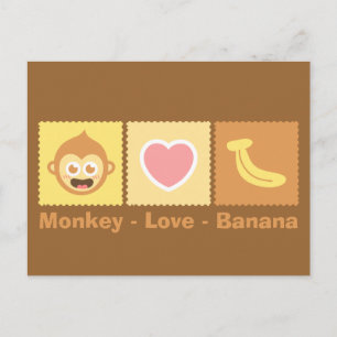Cartão Postal Desenho Animado Fofo de Macaco, Amor e Banana