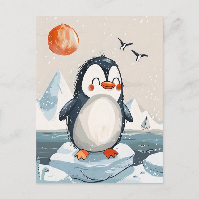 Cartão Postal desenho animado Penguin no gelo Floe (Frente)