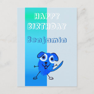 Cartão Postal Desenho Azul do Cachorro Divertido Aniversário Fel