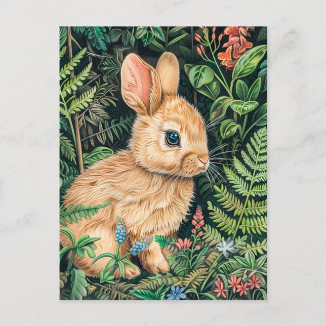 Cartão Postal Desenho bonito de uma lebre sentada no chão da flo (Frente)