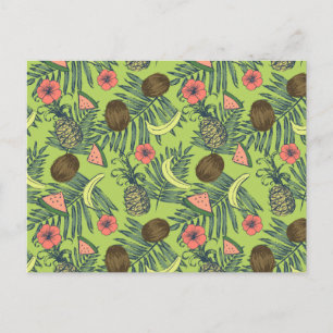 Cartão Postal Desenho da Fruta tropical sobre padrão verde