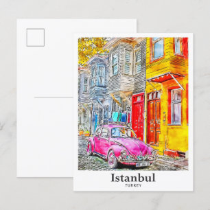Cartão Postal Desenho da Mão de Aquarela de Istambul Turquia Via