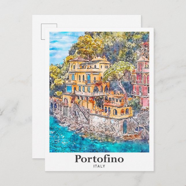Cartão Postal Desenho Da Mão De Aquarela Portofino Itália Viagem (Frente/Verso)