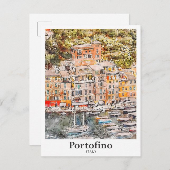 Cartão Postal Desenho Da Mão De Aquarela Portofino Itália Viagem (Frente/Verso)