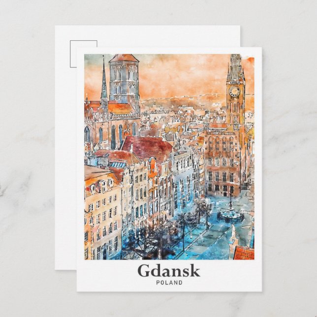 Cartão Postal Desenho Da Mão De Viagem De Gdansk (Frente/Verso)