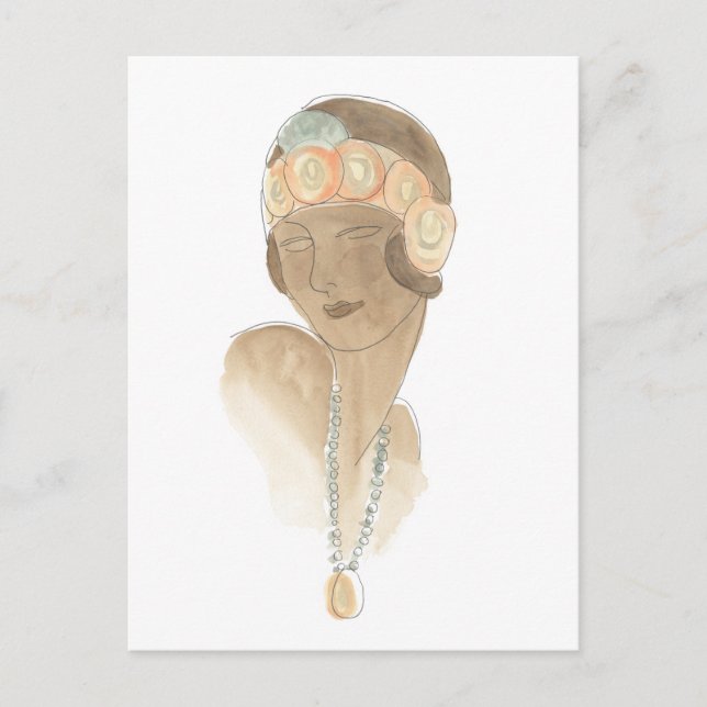 Cartão Postal Desenho da Moda Flapper - Mulher com Cabeça (Frente)