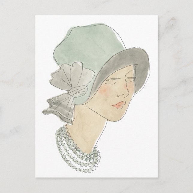 Cartão Postal Desenho da Moda Flapper - Mulher com chapéu (Frente)