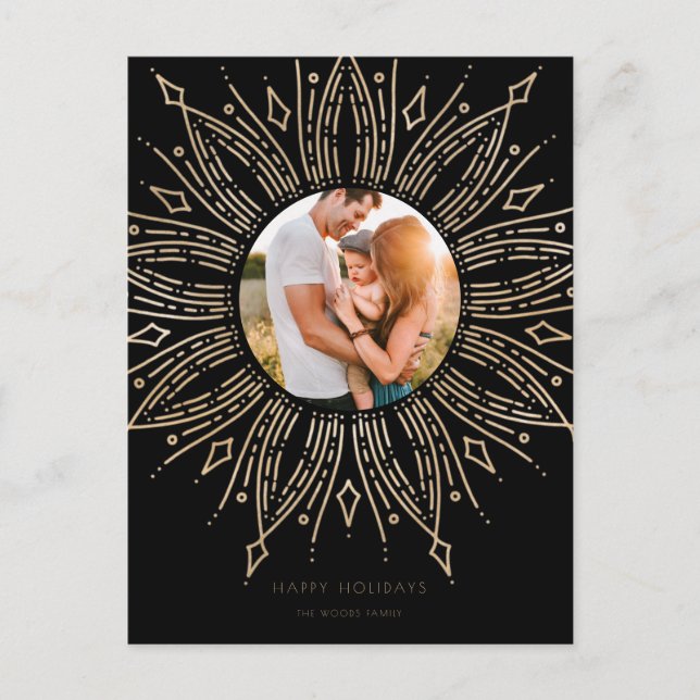 Cartão Postal Desenho de arte preto e Dourado do raio solar (Frente)