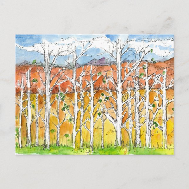 Cartão Postal Desenho de Árvores de Aspen no Outono em Aquarela (Frente)