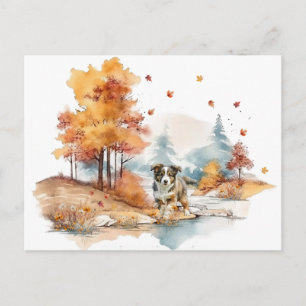 Cartão Postal Desenho de Cachorro no Outono em Aquarela - Austra
