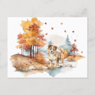 Cartão Postal Desenho de Cachorro Outono em Aquarela - Akita