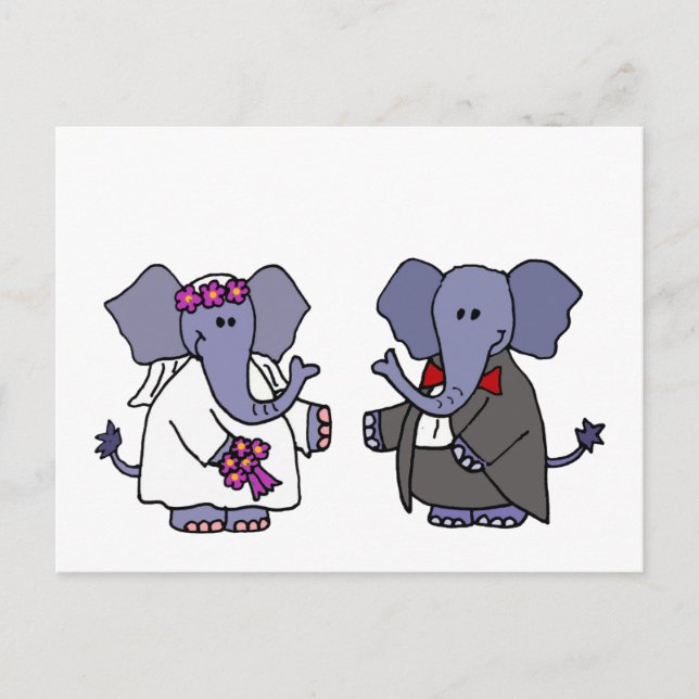 Cartão Postal Desenho de casamento de noiva e noivo elefante eng (Frente)