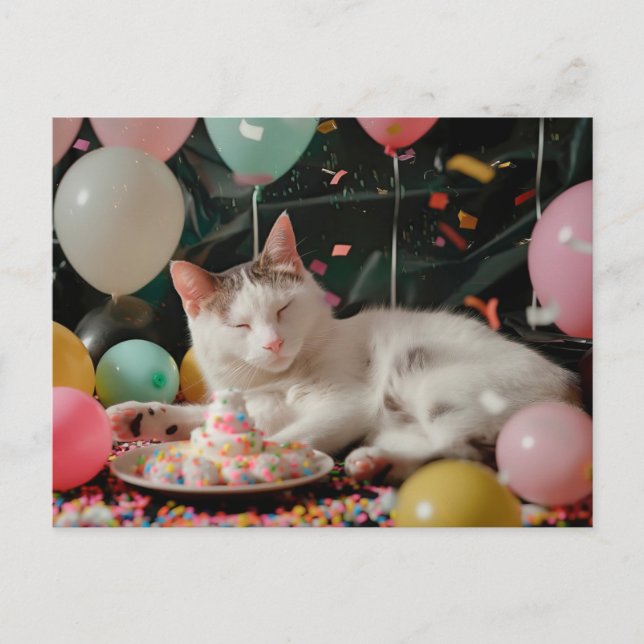Cartão Postal Desenho de Celebração de Aniversário de Gato Adorá (Frente)