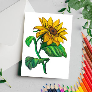 Cartão Postal Desenho de Girassol Amarelo com Lápis de Cor