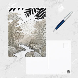 Cartão Postal Desenho de linha da floresta tropical negra botâni