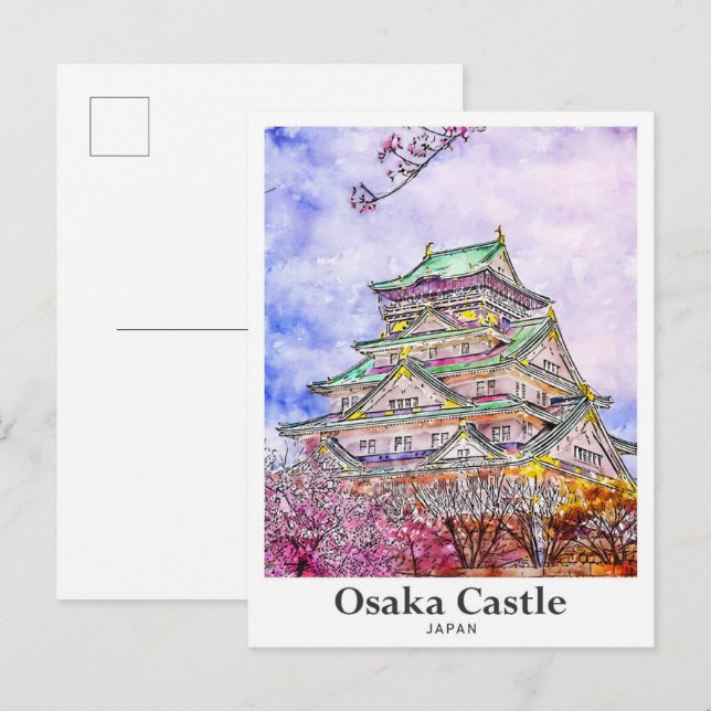 Cartão Postal Desenho de Mão de Água do Castelo de Osaka, Japão  (Frente/Verso)