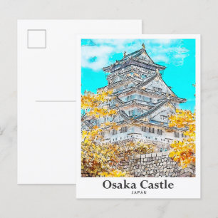 Cartão Postal Desenho de Mão de Água do Castelo de Osaka, Japão