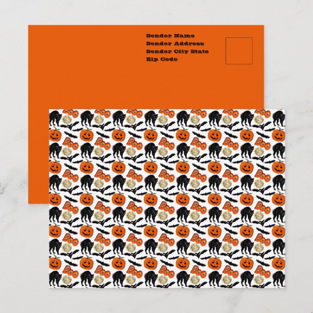 Cartão Postal Desenho de Morcegos, Gato, Abóbora e Lua do Dia da (Frente/Verso)