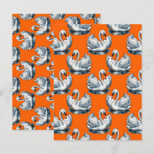 Cartão Postal Desenho de padrão de aves cisnes em laranja