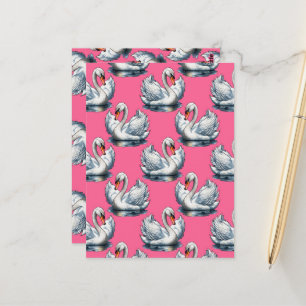 Cartão Postal Desenho de padrão de aves cisnes em rosa