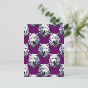 Cartão Postal Desenho de padrão de cabeça de lobo branco roxo