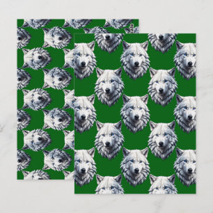 Cartão Postal Desenho de padrão de cabeça de lobo branco verde