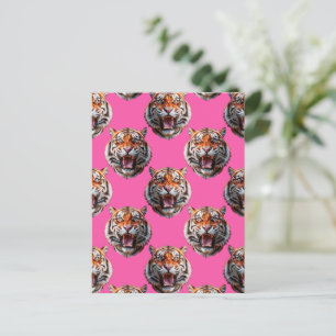 Cartão Postal Desenho de padrão de cabeça de tigre rosa