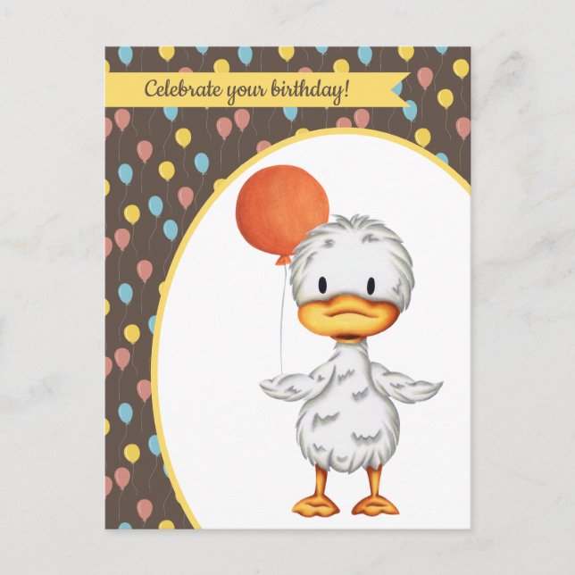 Cartão Postal Desenho de Pato Fofo com Balão de Aniversário Lara (Frente)