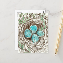 Cartão Postal Desenho de Primavera de Tinta Azul Robin dos Ovos