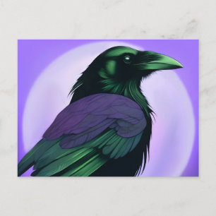 Cartão Postal Desenho de um corvo em fundo roxo neon 