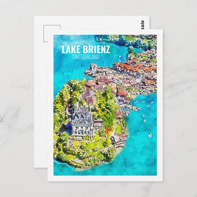 Cartão Postal Desenho de Viagem de Suiça de Aquarela do Lago Bri (Frente/Verso)