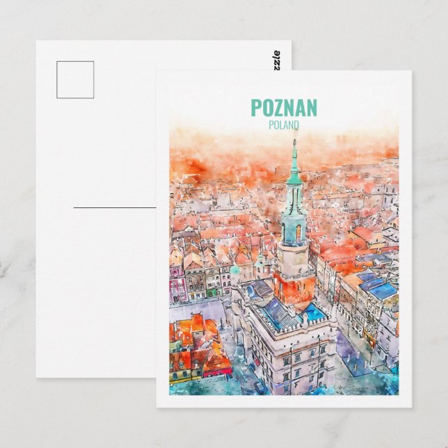 Cartão Postal Desenho de Viagem Familiar do Poznan Polônia (Frente/Verso)