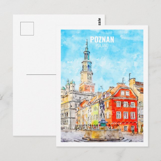 Cartão Postal Desenho de Viagem Familiar do Poznan Polônia (Frente/Verso)