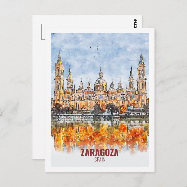 Cartão Postal Desenho de Viagem por Aquarela de Zaragoza Espanha (Frente/Verso)