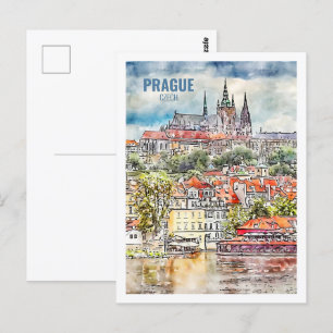 Cartão Postal Desenho de Viagem Watercolor em Praga, na Repúblic