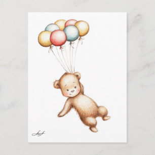 Cartão Postal Desenho do Urso de Teddy voando com balões