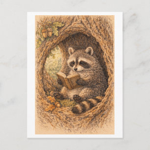 Cartão Postal Desenho em estilo retrô de guaxinim lendo em árvor