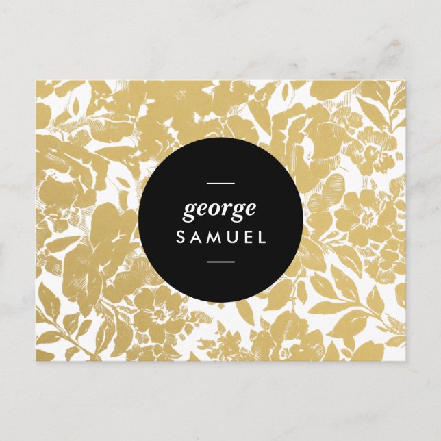 Cartão Postal Desenho Floral Dourado Elegante Com Círculo Preto  (Frente)