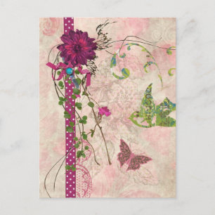 Cartão Postal Desenho Floral Rosa e Verde Bella