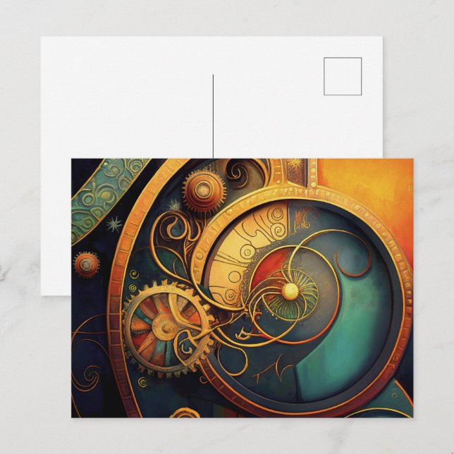 Cartão Postal Design Abstrato Steampunk com Engrenagens (Frente/Verso)