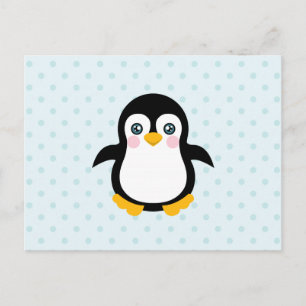 Cartão Postal Design azul-Bolinhas-pinguim-branco Fundo