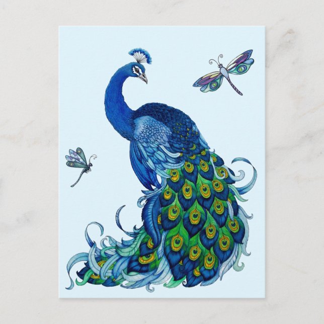 Cartão Postal Design Clássico de Peacock e Dragonfly (Frente)