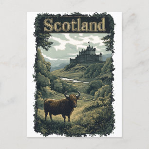 Cartão Postal Design da Escócia: Highland Cow, Castle e Scenery