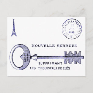 Cartão Postal Design de chave grande com Torre Eiffel e postmark