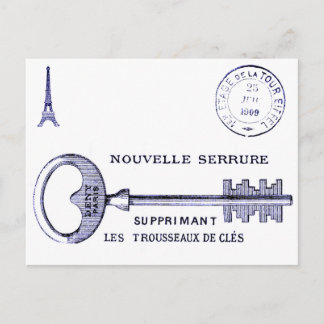 Cartão Postal Design de chave grande com Torre Eiffel e postmark
